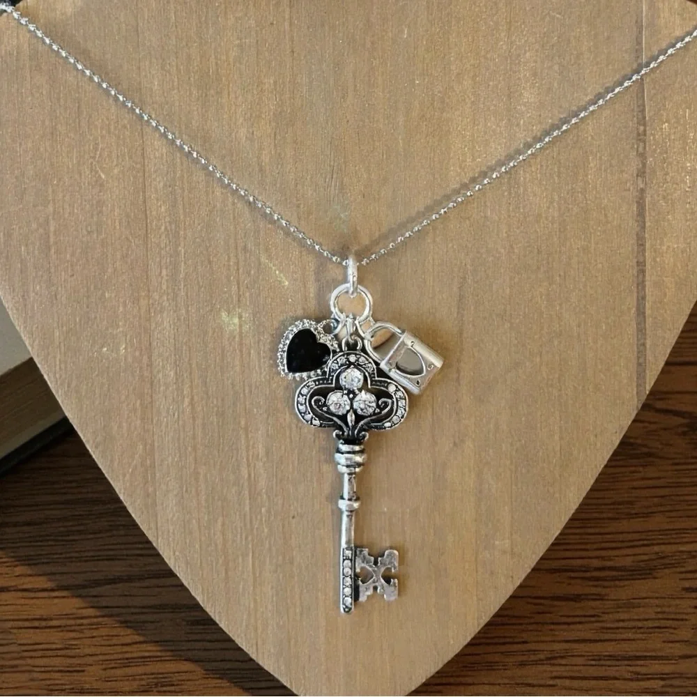 Gorgeous Black and Silver Toned Heart Lock and Key Pendant Necklace